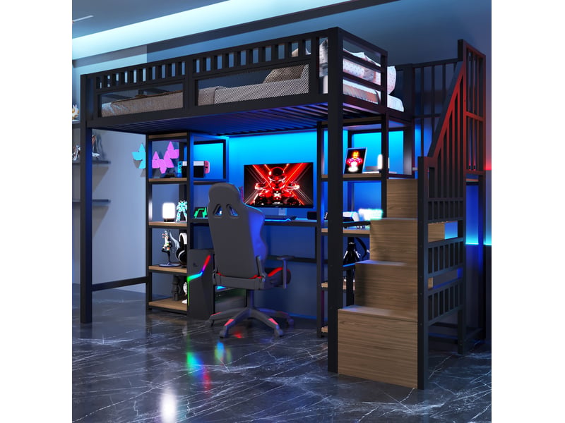  Lit mezzanine 90x200 cm avec bureau, éclairage led, en métal et mdf noir  - Conforama C