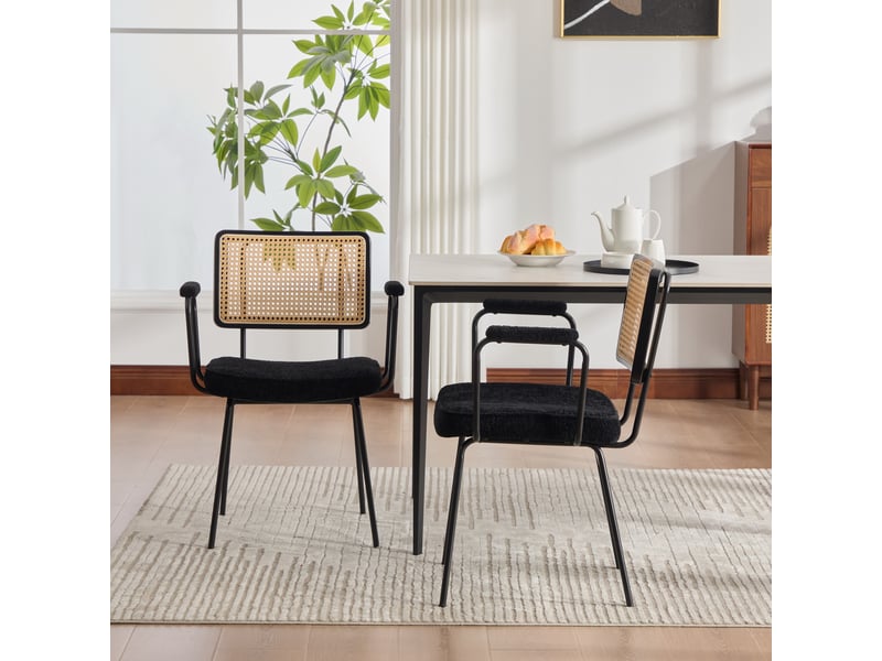  Lot de 2 chaises de salle à manger, chaise noire avec accoudoirs, dossier aspect rotin et pieds en métal  - Conforama R