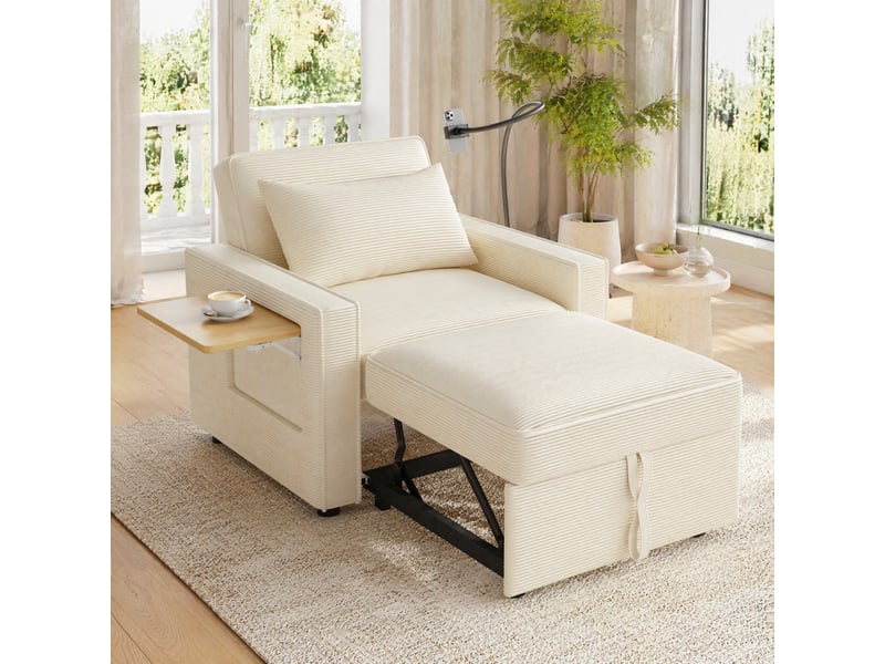  Fauteuil convertible modenvie 1 place avec usb type-c et support téléphone velours côtelé beige  - Conforama E