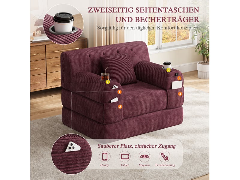  Canapé convertible 1 place 107x80x81 cm – rouge – dossier haut, 4 poches, 2 porte-gobelets, sans montage  - Conforama E