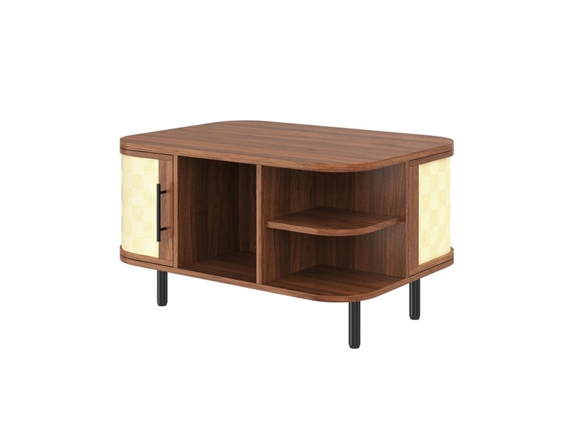 Table basse avec rangement forme courbée surface tressée corps en mdf poignées métalliques pieds en métal espace de rangement - Conforama D
