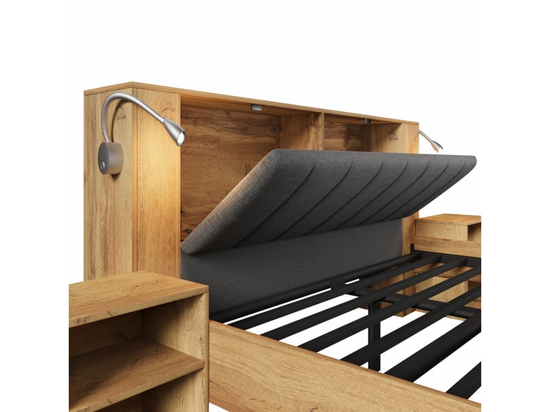  Lit 180 × 200 cm avec tête rabattable, chevets, liseuses usb et banc coffre, chêne IKSETERA TRADING LTD - Conforama W