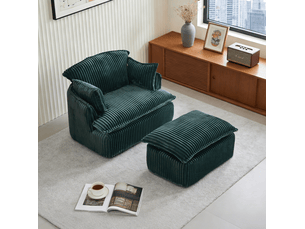 Fauteuil avec pouf vert en velours côtelé, compressé, 115 x 89 x 77 cm