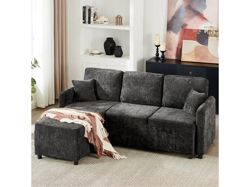  Canapé d'angle 3 places en tissu chenille, méridienne 144 cm, mousse haute densité, 2 coussins inclus, 150 kg  - Conforama R