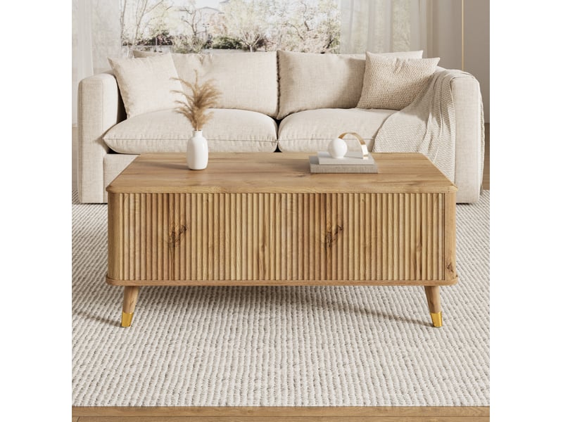  Table basse relevable avec coffre de rangement, mécanisme hydraulique, style rétro en mdf naturel 97 × 52 × 56,5 cm  - Conforama E