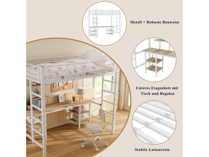 Lit mezzanine enfant 90x200 cm, table, étagère, garde-corps, sommier, métal blanc, sans matelas - Conforama D