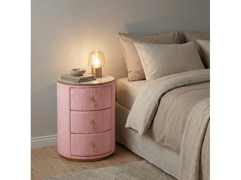  Table de chevet 3 tiroirs, 40 x 40 x 52,5 cm – design rond en velours rose, plateau effet marbre, détails dorés  - Conforama E