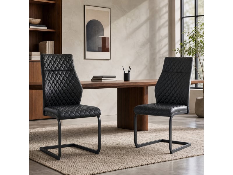  Chaises de salle à manger lot de 2 à dossier haut et assise rembourrée  - métal, simili cuir noir  - Conforama B