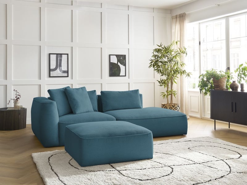 Bobochic canapé droit fixe 3 places leopold velours côtelé avec pouf bleu clair accoudoir gauche LEOPOLD - Conforama D