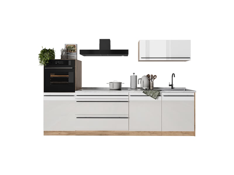  Vicco cuisine, blanc haute brillancechêne doré, 280cm plan de travail marbre  - Conforama E