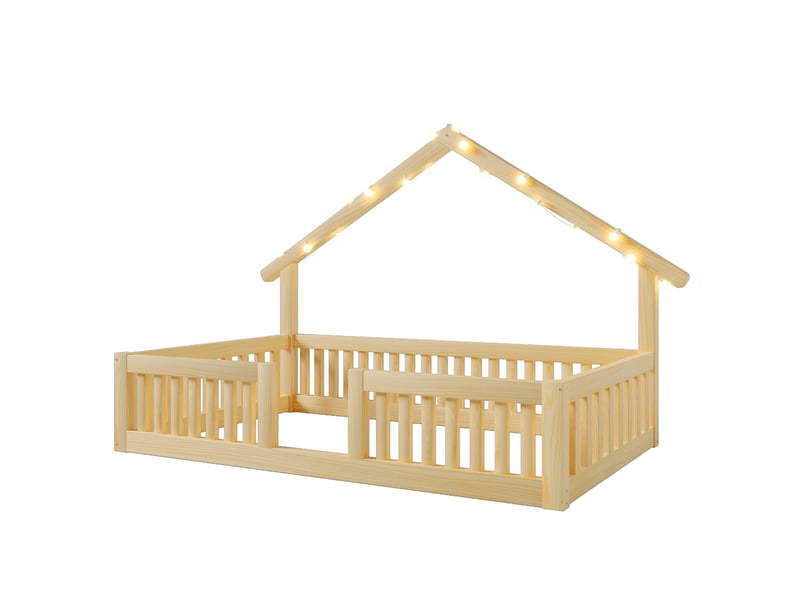 Lit cabane 90x200 cm en bois naturel - lit au sol avec barrière et guirlande lumineuse led  - Conforama W