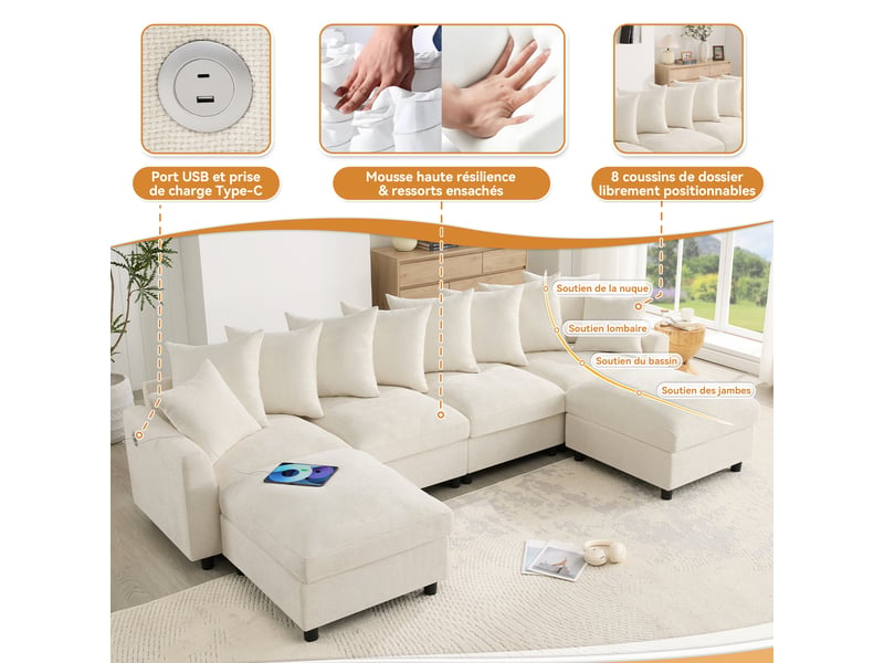  Canapé d’angle modulable 6 places 283x153,5 cm, forme ul, 2 poufs mobiles, usbusb-c, 8 coussins de dossier, chenille gaufrée, beige  - Conforama E