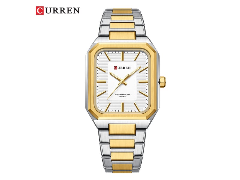 Montre carrée simple en acier inoxydable (platine), étanche, pour couples, hommes et femmes, avec un cadran texturé.