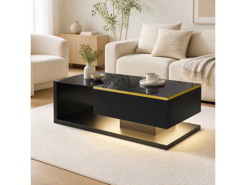  Table basse avec rangement ouvert et led 16 couleurs, en panneaux de particules et verre, noir, 100 × 50 × 32,5 cm  - Conforama B