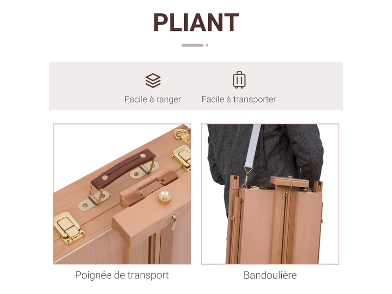  Chevalet d'artiste sur pieds pliable, mallette de peinture, chevalet avec rangement, hauteur réglable, bois de hêtre clair  - Conforama D