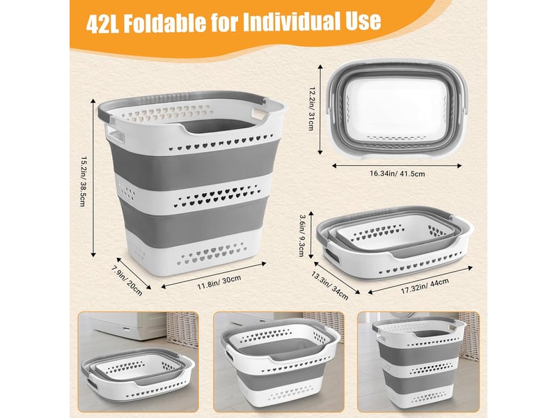  Lot de 2 paniers à linge pliables 42 l, corbeilles en plastique avec poignées, gain de place pour vêtements, gris clair  - Conforama C