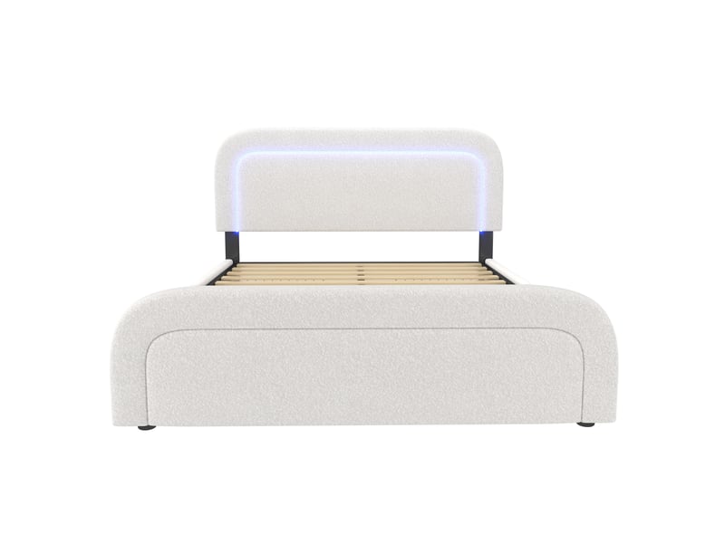  Lit rembourré blanc effet bouclette 140x200 cm avec led, usb et type-c, 4 tiroirs Fay Lum - Conforama R