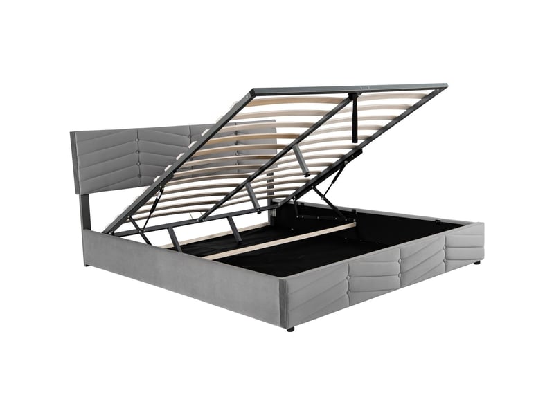  Lit coffre 180x200cm velours gris - lit rembourré - tête de lit réglable, rangement hydraulique, style rayé  - Conforama A