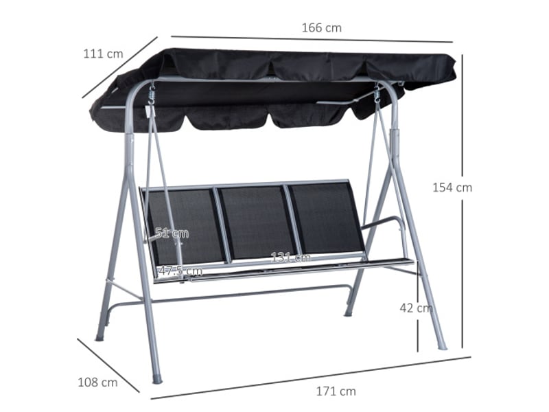  Balancelle de jardin 3 places, toit, cadre métal gris argent, 171x108x154 cm, terrasse et jardin  - Conforama C
