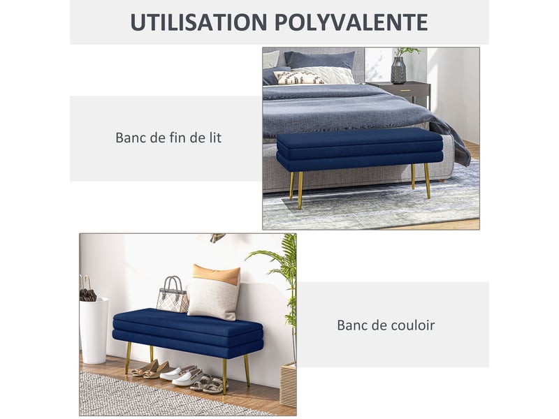  Banc banquette coffre de rangement 2 en 1 assise aspect velours et acier pieds - 100 x 37,5 x 42 cm bleu et doré  - Conforama R