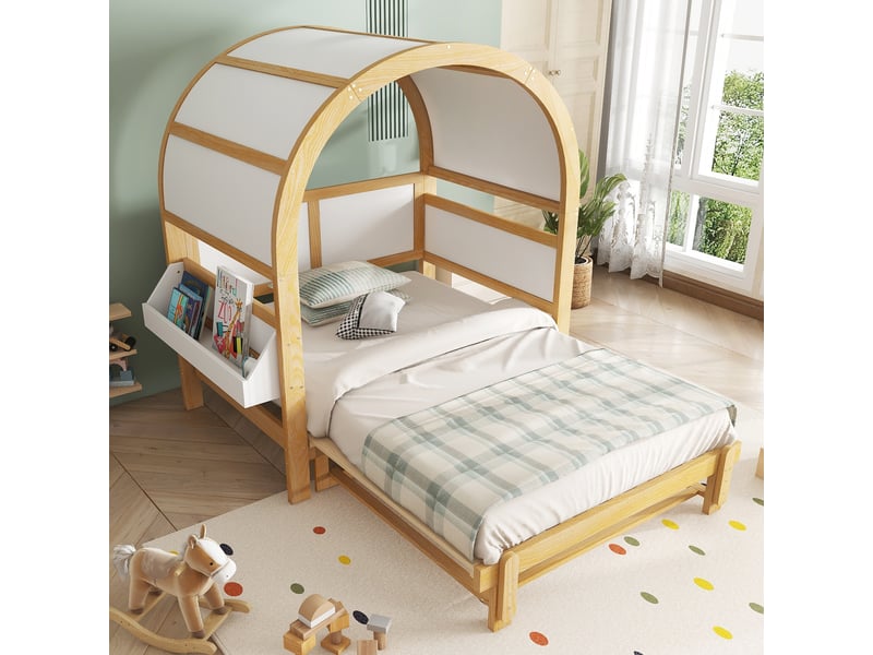  Lit cabane enfant 140x200cm en pin et mdf blanc naturel avec lit gigogne, toit voûté et étagère  - Conforama E