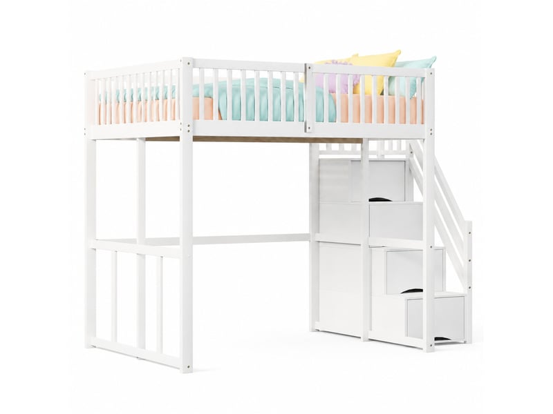  Lit mezzanine 200×140 cm avec escalier de rangement et garde-corps, sans matelas, en pin massif blanc  - Conforama A