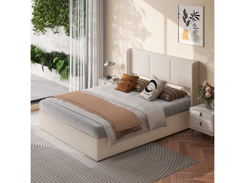 Lit coffre 160x200 cm en tissu doux beige clair avec tête de lit à 3 niches, coffre hydraulique et cadre en bois massif silencieux. - Conforama B