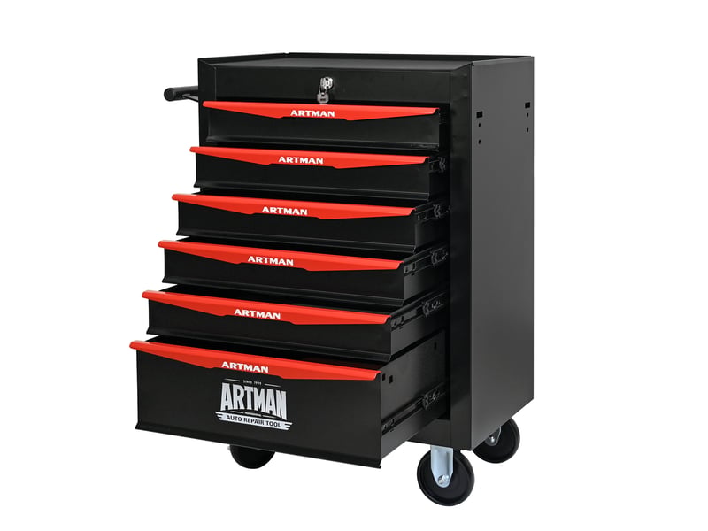 Armoire à outils mobile 6 tiroirs 60 x 33 x 77,5 cm noir et rouge en acier avec serrure et roulettes freinées - Conforama A