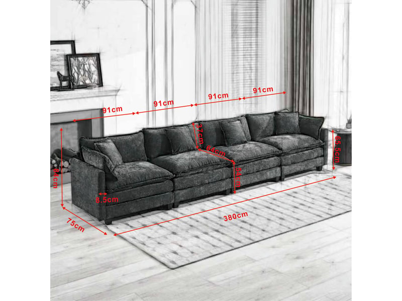  Canapé 4 places en chenille bleu, canapé modulable pour salon avec coussins d'assise rembourrés double couche ,pouf non inclus  - Conforama C