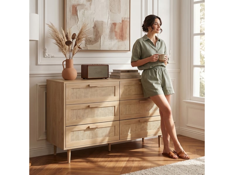 Commode 6 tiroirs meuble de rangement avec tissage en rotin dim. 110l x 40l x 75h cm aspect clair bois  - Conforama W