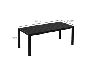 Table de jardin 190x84,5x72 cm noire, structure aluminium et plateau composite aspect bois, charge 150 kg