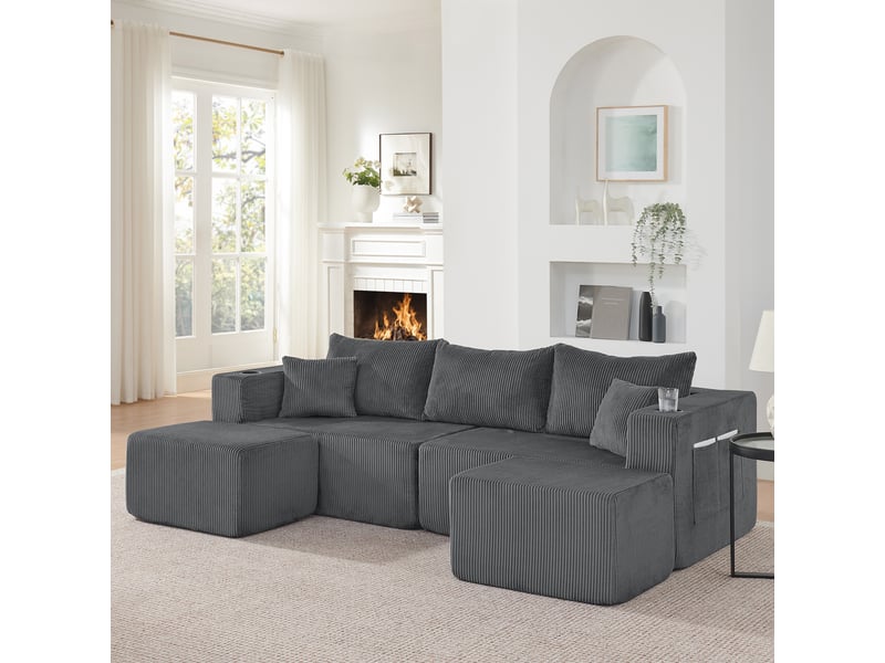  Canapé d’angle modulable 3 places avec ottomans mobiles  - porte-gobelets, velours côtelé gris  - Conforama B