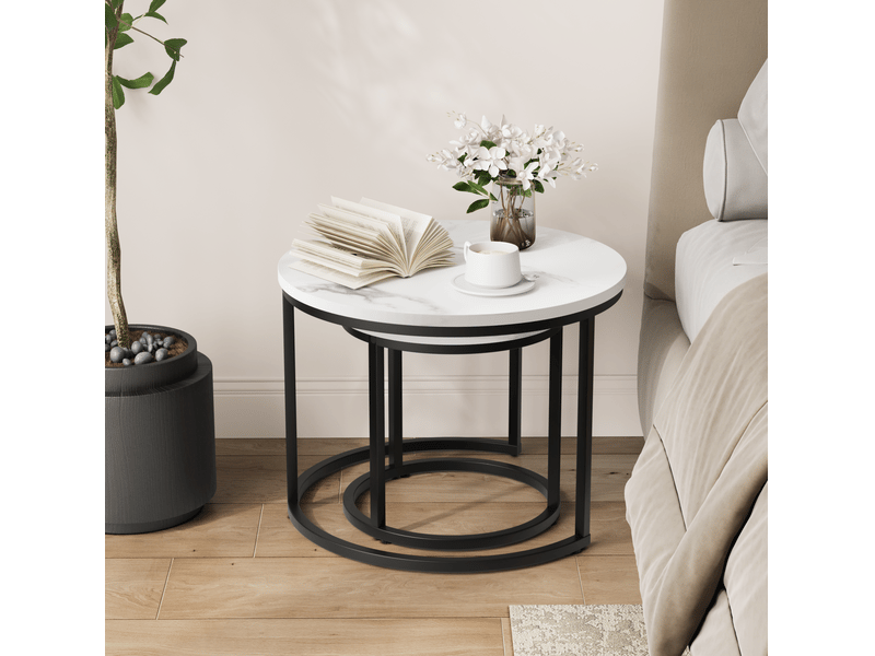  Lot de 2 tables basses gigognes rondes blanches en panneaux de particules et fer  - Conforama C