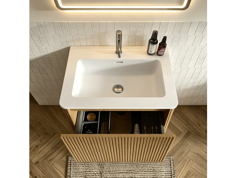 Meuble sous vasque suspendu 1 tiroir, miroir led réglable antibuée, salle de bain, mdf chêne 61 × 46,5 × 37 cm - Conforama D