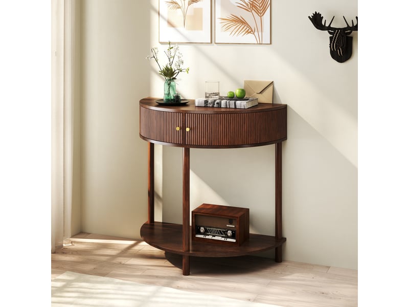  Table basse - console en forme de croissant, décor en bois brun noyer en mdf avec laque uv avec motif ondulé 3d réalisé à la main  - Conforama C