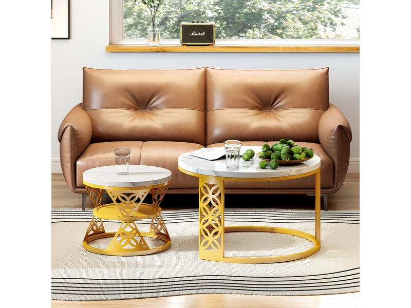  Table basse gigogne 2 pièces effet marbre blanc et structure dorée homvra  - Conforama D