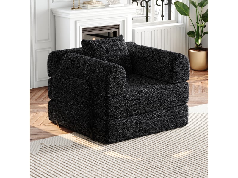  Fauteuil convertible 1 place avec rangement  - 3 cadres en acier, couchage modulable, chenille noire 32,0 × 32,0 × 103,0 cm  - Conforama B