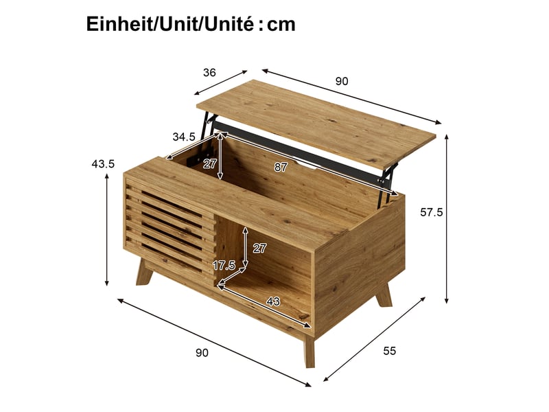  Table basse relevable 90x55x57,5 cm, porte coulissante, mdf, naturel  - Conforama C