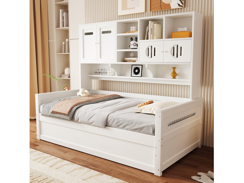  Lit coffre 90x200 cm rangement hydraulique en bois blanc  - Conforama B