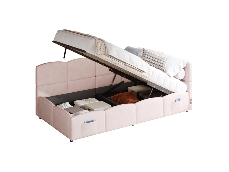  Modenvie lit coffre 90x200 cm - avec ports usb et poche de rangement, sans matelas - rose  - Conforama A