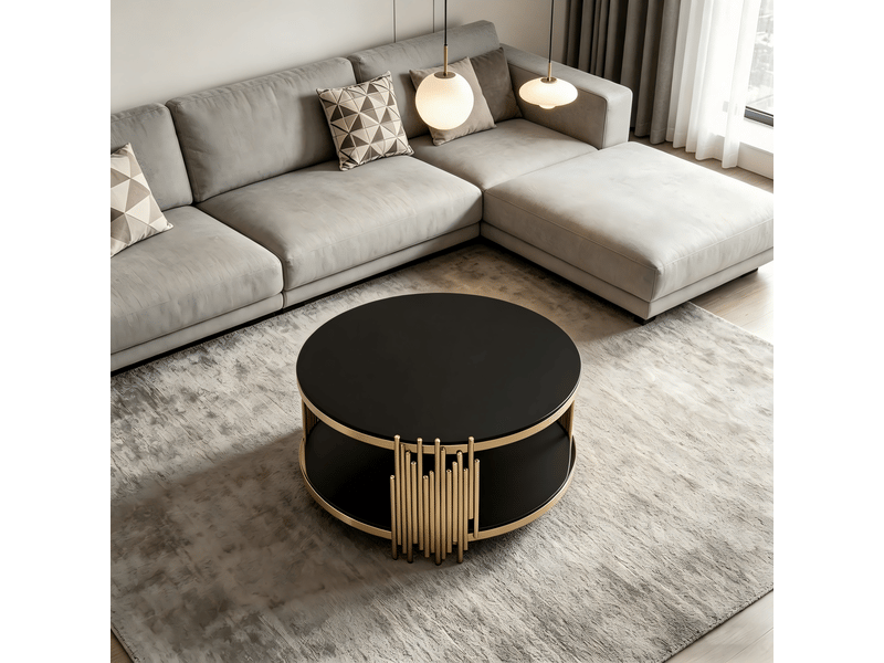  Table basse ronde à 2 niveaux avec rangement pour salon en verre trempé et acier inoxydable noir et doré  - Conforama C