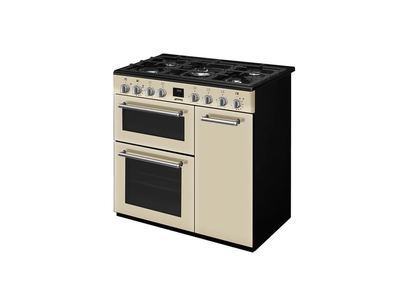  Cuisiniere pose libre 90 cm 5 foyers gaz avec 3 fours creme verre 7798911 - Conforama B