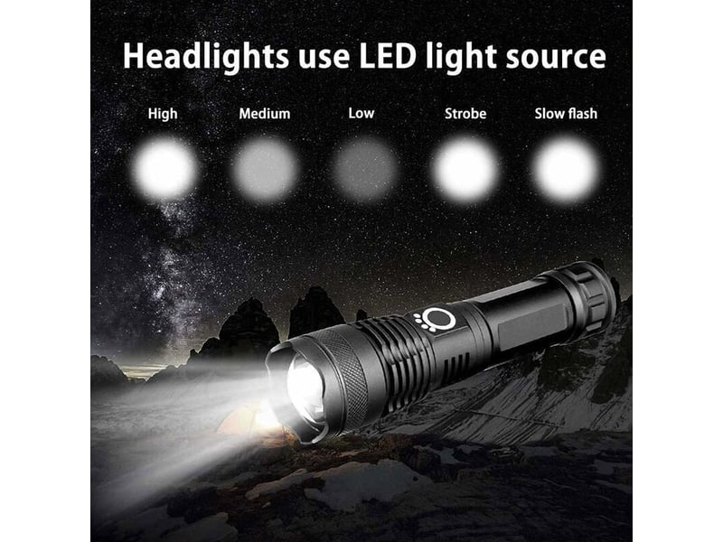  Lampe de poche led rechargeable usb -lumineuse de 5000 lumens, 5 modes, étanche, batterie 18650 incluse  - Conforama B