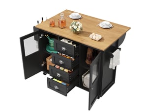 Îlot de cuisine mobile avec plateau pliable, desserte de cuisine à 4 tiroirs et 2 portes vitrées, porte-épices, 137x73cm, noir