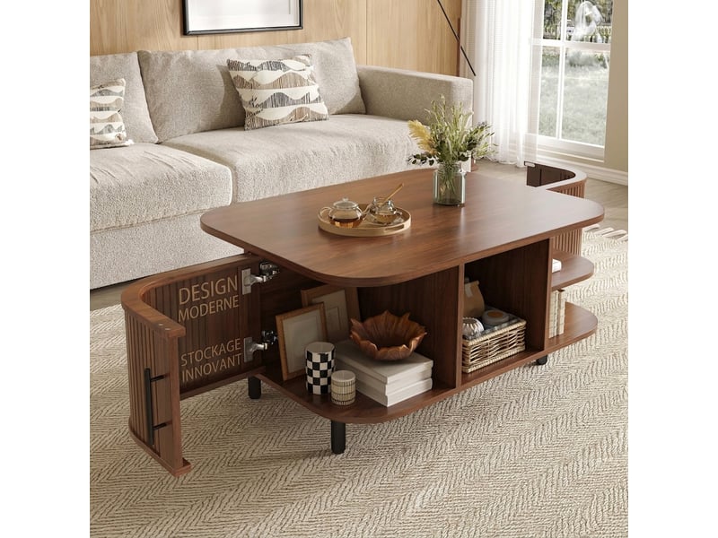 Table basse noyer forme incurvée avec rangement 80x60 cm  - Conforama C