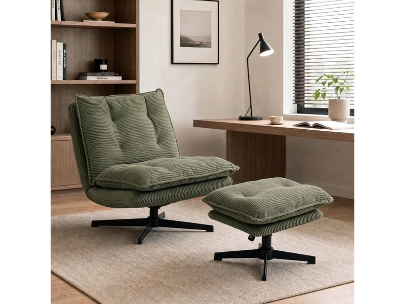  Fauteuil de salon - fauteuil lounge avec repose-pieds, pivotant à 360°, revêtement en velours côtelé, vert  - Conforama C