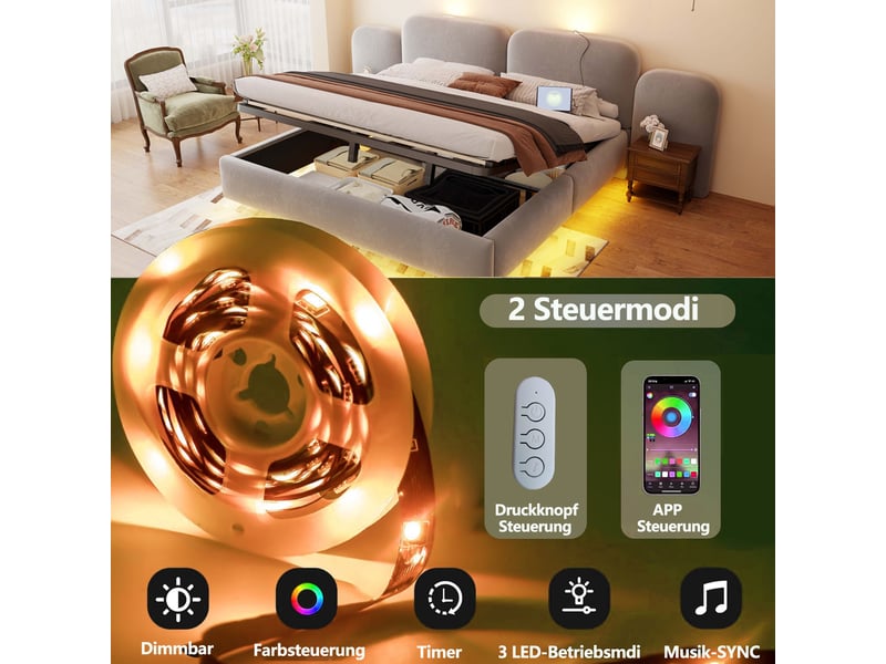  Lit capitonné double 180x200 cm lit coffre hydraulique lit rembourré en velours avec rangement bande led ports usb, gris  - Conforama W