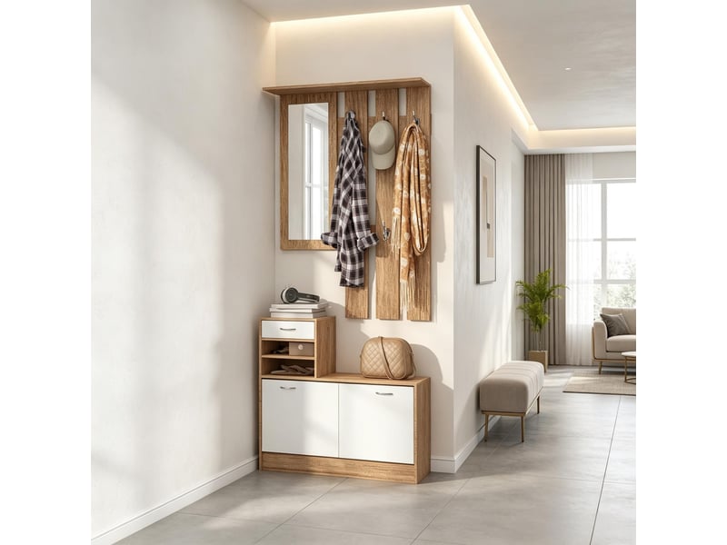  Penderie mobile - armoire de couloir avec panneau porte-manteaux, miroir, banc à chaussures, 6 patères et étagère réglable  - Conforama C