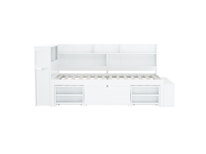  Lit enfant 90x200 cm, espace de rangement, tiroir, étagère, sommier, contre-plaqué blanc, sans matelas  - Conforama R