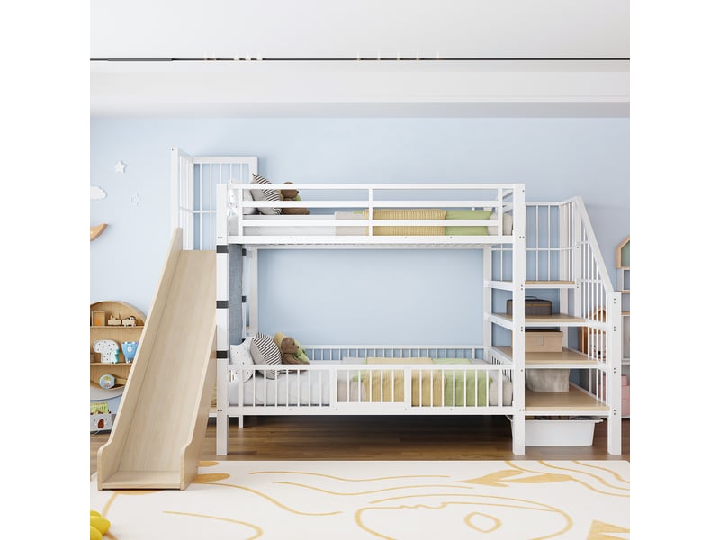  Lit superposé enfant 90x200 cm avec toboggan et rangements blanc  - Conforama B